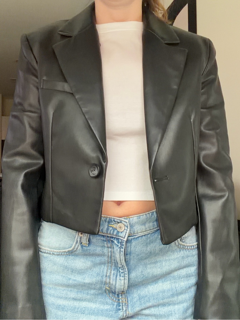 Zara Cropped Black Faux Leather Blazer
